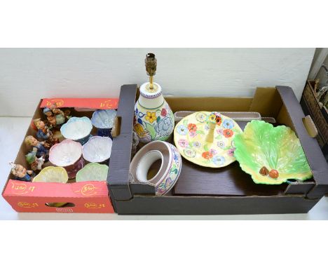 MISCELLANEOUS CERAMICS, INCLUDING A CARLTON WARE NUT DISH, GOEBEL FIGURINES AND A SET OF SIX MALING WARE LUSTRE SUNDAE DISHES