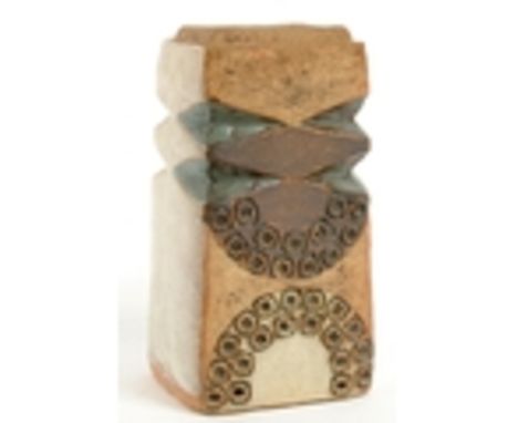 A CORNISH STUDIO POTTERY LAMP BASE, OF SCULPTURAL STONEWARE, 23CM H, IMPRESSED SEALS (JC AND MR), C1980  