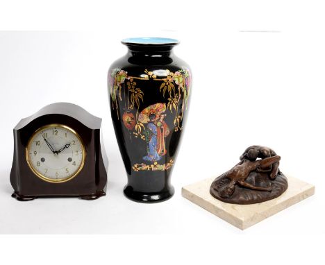 A BRONZED RESIN EROTIC SCULPTURE ON MARBLE BASE, 25CM LONG, A SMITH'S BAKELITE MANTEL CLOCK AND&nbsp; A STAFFORDSHIRE ART POT