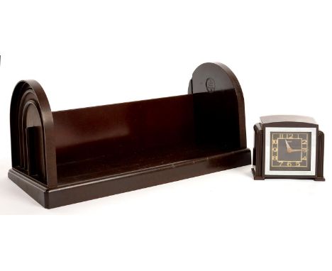 A BRITISH ART DECO EBCO BROWN BAKELITE BOOK STAND AND A CONTEMPORARY 1930S EDISON ELECTRIC BAKELITE MANTEL CLOCK, BOOKCASE 50