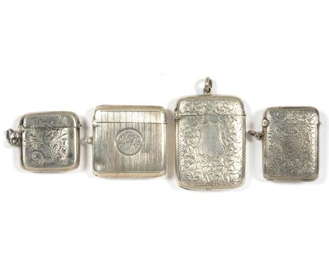 FOUR SILVER VESTA CASES, VICTORIAN AND LATER, LARGEST 5.5 X 4.5 CM, 3OZS 17DWTS  HINGES ALL IN GOOD WORKING ORDER. VARIOUSLY 