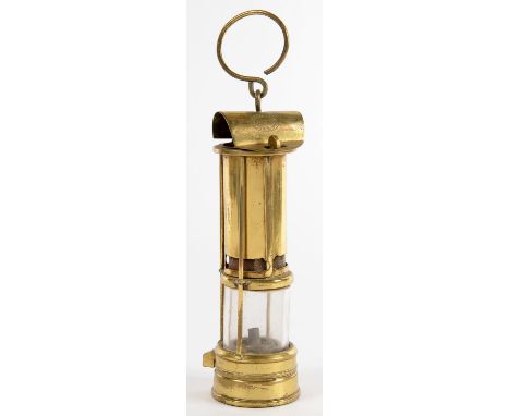 AN ENGLISH BRASS THREE BAR SAFETY LAMP, MUSLER TYPE, 'ROUTLEDGE &amp; JOHNSON'S PATENT', C1900, 22.5CM H , EXCLUDING HOOK  