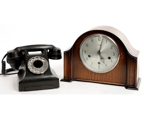 AN&nbsp; ERICSSON BAKELITE TABLE TELEPHONE, BASE MARKED N 1002 H&nbsp; AND A SMITH'S OAK MANTEL CLOCK WITH CHIMING MOVEMENT  