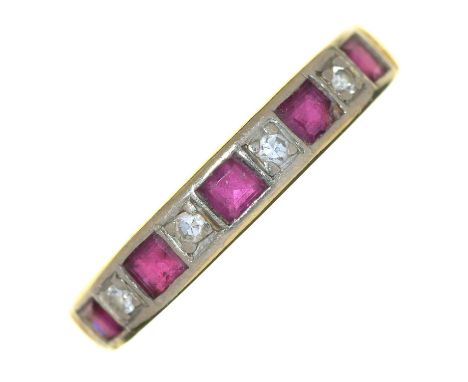 A DIAMOND AND RUBY RING IN 18CT GOLD, BIRMINGHAM 1975, 3.5G, SIZE I ½  ONE RUBY CHIPPED, OTHERS ABRADED. WEAR TO RING CONSIST