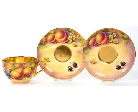 A ROYAL WORCESTER&nbsp; CABINET CUP AND TWO SAUCERS, PAINTED BY S WOOD OR J SMITH, EACH SIGNED WITH ALL OVER STILL LIFES OF R