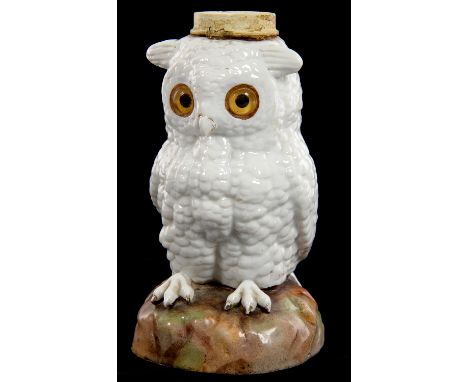 A CONTINENTAL PORCELAIN GLASS EYED OWL NOVELTY OIL LAMP, 16CM&nbsp; H, LATE 19TH C&nbsp;  