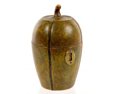 A TURNED AND GREEN STAINED WOOD TEA CADDY AND COVER IN THE FORM OF A MELON, 12.5CM H  