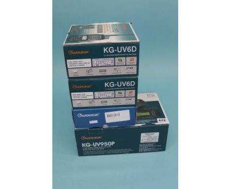 A boxed Wouxun KG - UV950P Quad band mobile radio, a Wouxun KG- 699E handheld and two KG-UV6D receivers (4)