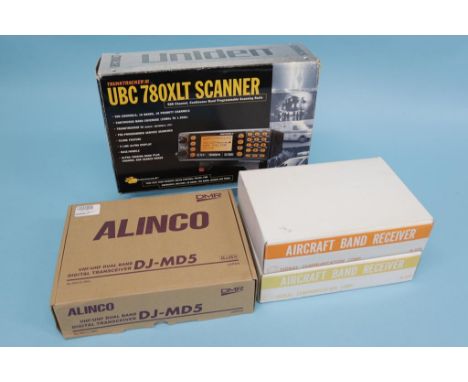 Two boxed Aircroft band receivers R535, an Alinco DJ - MD5, and a trunk tracker III UBC 780 XLT, Uniden - Bearcat trunk track