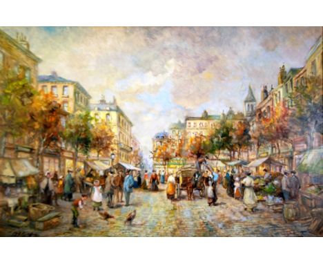 M J RENDELL (20th CENTURY) OIL PAINTING ON  BOARD Parisian street scene with market stalls Signed 19 1/2" x 29 1/2" (49.5 x 7