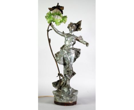 ART NOUVEAU UNPATINATED SPELTER FIGURAL ELECTRIC TABLE LAMP, modelled as a maiden in flowering dress, holding the stem of a f