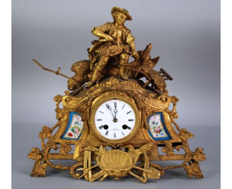 SIMMONS, PARIS AND MANCHESTER, LATE 19th CENTURY FRENCH ORMOLU AND PORCELAIN MOUNTED FIGURAL MANTLE CLOCK, the 3 1/2" enamell