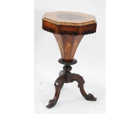 VICTORIAN ROSEWOOD AND MARQUETRY INLAID WORK TABLE, the moulded octagonal top with shaped central panel and foliate scroll wo