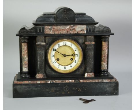 LATE VICTORIAN BLACK SLATE MANTLE CLOCK, the 6" arabic dial with matted gilt centre, powered by an 8 day spring driven moveme