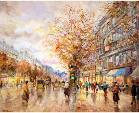 M J RENDELL (20th CENTURY) OIL PAINTING ON BOARD Parisian rainy street scene Signed 15 1/2" x 19 1/2" (39.3 x 49.5cm)