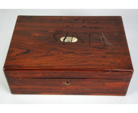VICTORIAN ROSEWOOD PORTABLE WRITING SLOPE, OF TYPICAL FORM WITH TOOLED BLACK MOROCCO WRITING SURFACE and mother of pearl cart
