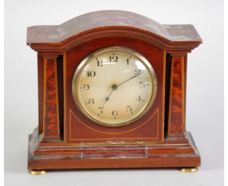 EDWARDIAN MAHOGANY AND LINE INLAID MANTLE CLOCK, the 4" arabic dial powered by a drum shaped movement and housed in an arch t