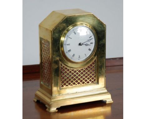 NINETEENTH CENTURY BRASS CASED MANTEL CLOCK, the 3 1/2" enamelled dial, indistinctly signed powered by a drum shaped movement