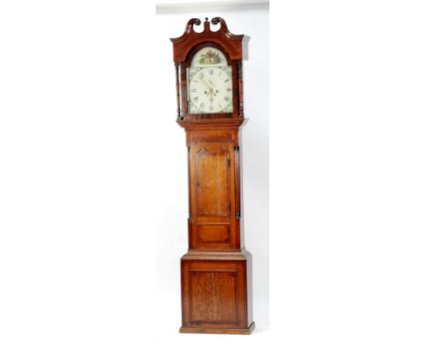 LATE EIGHTEENTH CENTURY OAK AND MAHOGANY CROSSBANDED LONGCASE CLOCK, the 13" painted Roman dial with subsidiary seconds dial,