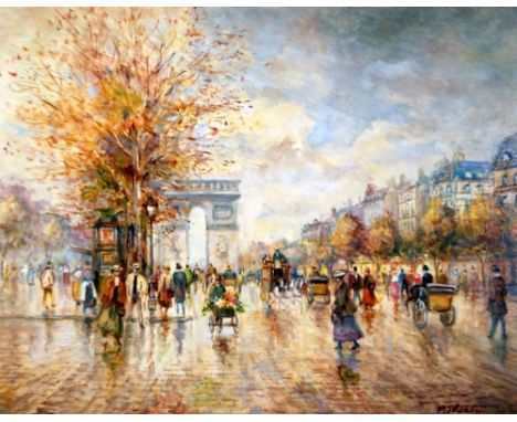 M J RENDELL (20th  CENTURY) OIL PAINTING ON BOARD Arc de triomphe, Parisian street scene Signed 15 1/2" x 19 1/2" (39.3 x 49.