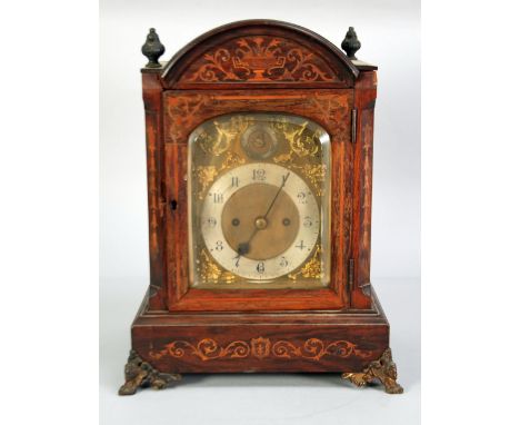 ROBERT STEWART, GLASGOW, ROSEWOOD AND MARQUETRY INLAID MANTLE CLOCK, the gilt dial with 5" silvered arabic dial, signed, pier