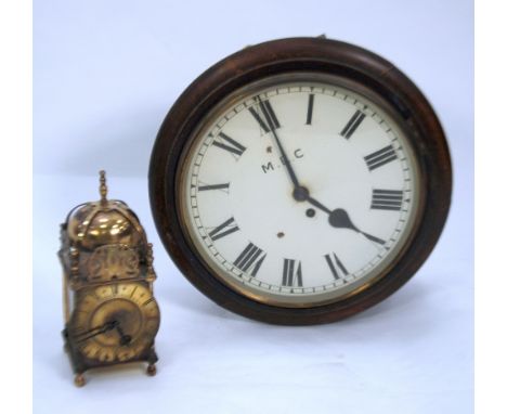 LATE NINETEENTH CENTURY OAK CASED FUSEE WALL CLOCK, typical form, the Roman dial initialled M.E.C. and with embossed brass la