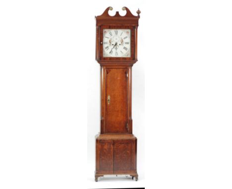 EARLY 19th CENTURY OAK AND MAHOGANY CROSSBANDED LONGCASE CLOCK SIGNED GASKELL 1817,  the 12 1/2" painted roman dial with subs