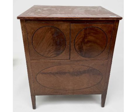 A 19th century mahogany commode, the lift up lid above a pair of doors and square tapering legs, height 71cm, width 59cm, dep