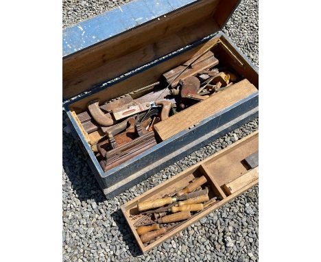 A blue painted pine box and contents of joiner's tools. Height 30cm, width 76.5cm, depth 36cm.