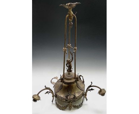 A continental brass-finished tall electrolier, the central lamp with three branches surmounted by a cherub. Height 94cm overa