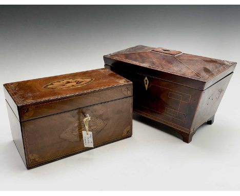 A George III mahogany rectangular tea caddy, with shell and urn inlaid decoration, width 27cm, together with a Regency sarcop