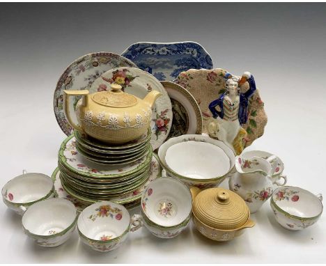 A Hackwood stoneware teapot, with applied decoration, a matching jug, together with a part tea set, retailed by Alfred Pearce