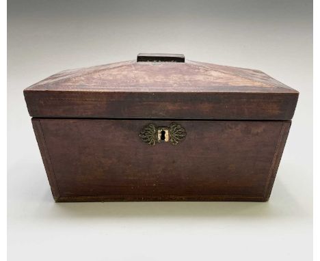 A George III mahogany and chevron banded sarcophagus form tea caddy, internally fitted with a cut glass mixing bowl and twin 