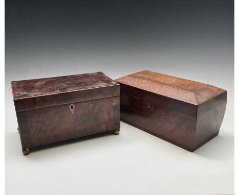 A late George III mahogany and crossbanded tea caddy, with two lidded compartments, width 29cm, together with a figured mahog