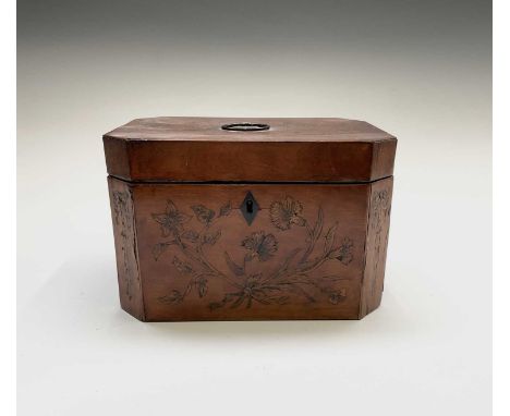 A George III satinwood and floral inlaid tea caddy, the lid opening to reveal a single internal lidded compartment and a glas