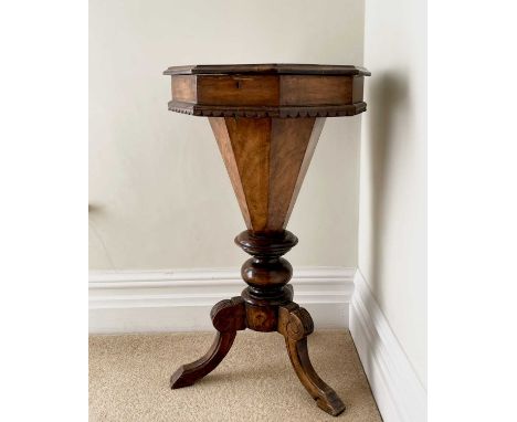 A Victorian walnut and inlaid octagonal work table, with fitted interior and raised on a carved tripod base, height 73cm, wid