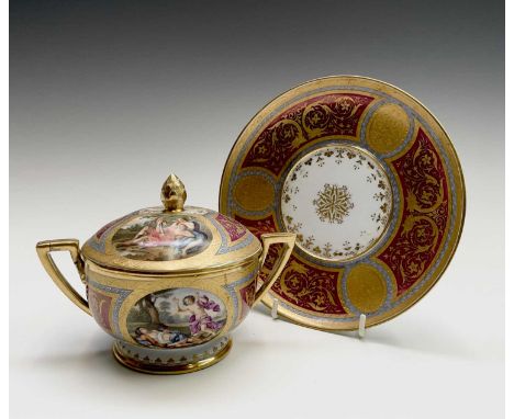 A Vienna porcelain ecuelle, cover and stand, with painted panels, titled to the underside in French, within claret and gilt b