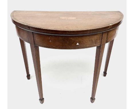 A George III mahogany D shape fold top card table. Height 73cm, width 91cm, depth 48cm.Provenance:Michael Trethewey. A Gentle