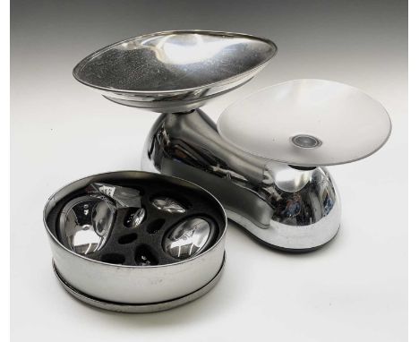 A set of 'Equilibrium' kitchen scales designed by Sebastian Conran, together with a set of 'Pebble' weights (boxed).