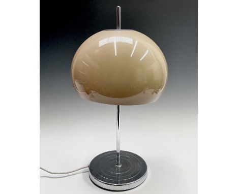 A mid century 'Mushroom' style chrome table lamp in the manner of Harvey Guzzini, with butterscotch acrylic shade. Height 55c