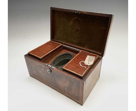 A George III mahogany and satinwood banded tea caddy, the oval silver ring handle stamped with makers mark IT to the backplat