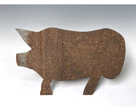 A sheet metal weather vane mount in the form of a pig. Height 33cm, length 52cm.