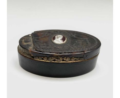 A 19th century tortoiseshell and pique snuff box, with oval enamel inset portrait medallion, width 7.5cm.