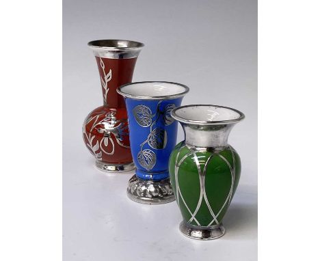 An Art Deco period Veyhl silver overlay Rosenthal porcelain miniature vase, the blue ground with applied leaf decoration, hei