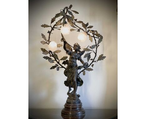 A French Art Nouveau spelter table lamp titled La Renomee, after Moreau, depicting the horn blowing angel within a wreath of 