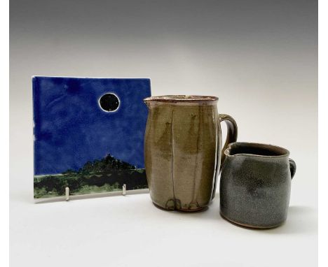 Alan Brough, A studio pottery jug, with incised decoration, impressed seal mark, height 13.5cm, another smaller jug, together