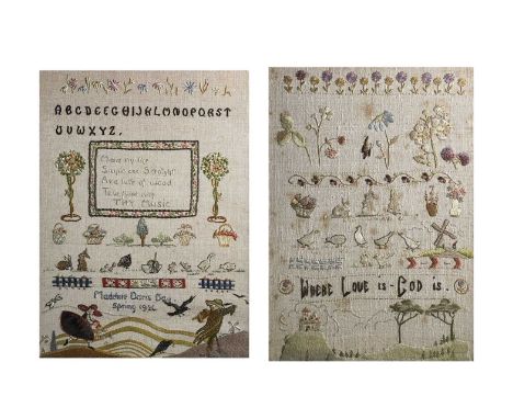 An early 20th century sampler, worked by Madeline Doris Day dated Spring 1924, embroidered with the letters of the alphabet, 