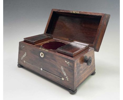 A Regency rosewood and mother of pearl inlaid tea caddy, fitted with two lidded compartments, width 36cm.Provenance:Michael T