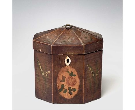 A George III satinwood, inlaid and painted octagonal tea caddy, with shaped top, height 14cm.Provenance:Michael Trethewey. A 