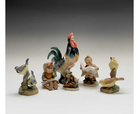 Three Goebel Hummel figures 'Latest News', 'Book Worm', and 'Singing Lesson', together with two Royal Worcester bird groups '
